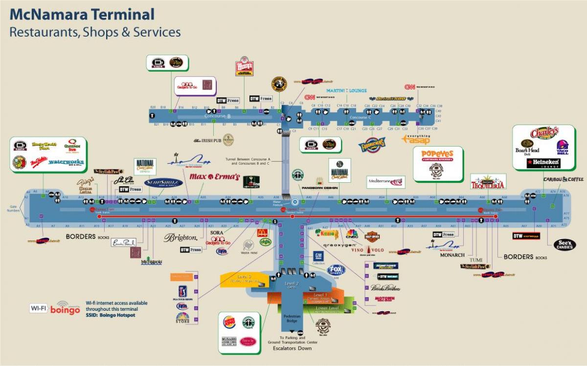 Detroit Airport restaurang karta