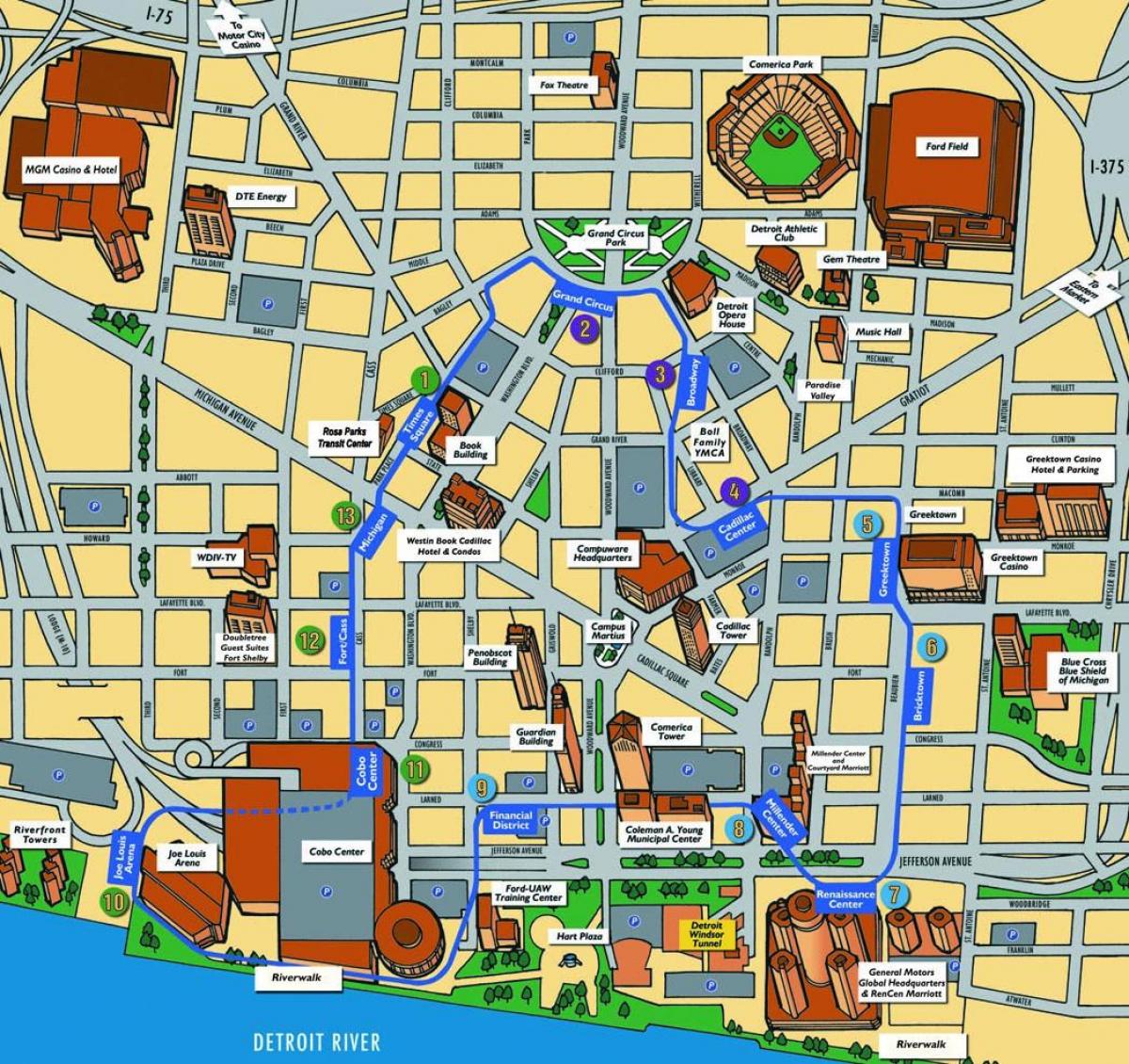 Detroit attraktioner karta
